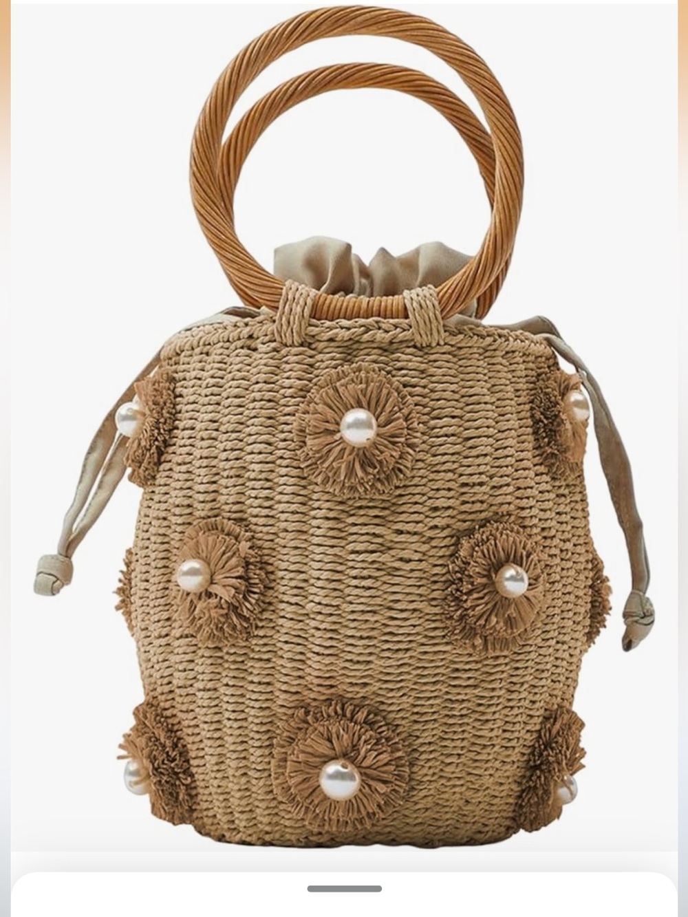 Summer Straw Pearl Flower Bucket Tote Bag Hand Woven Rattan Shell Purse